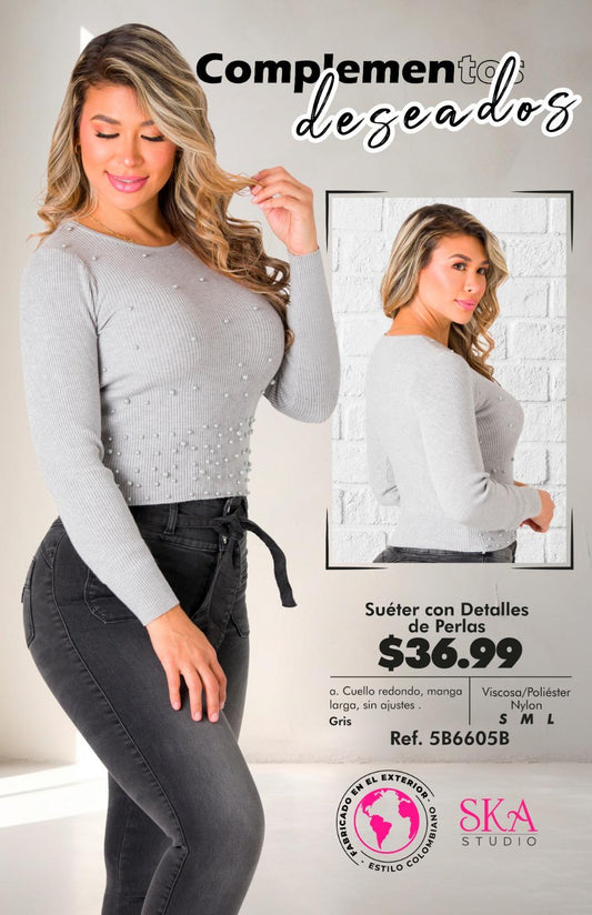 Sueter con detalles de Perlas